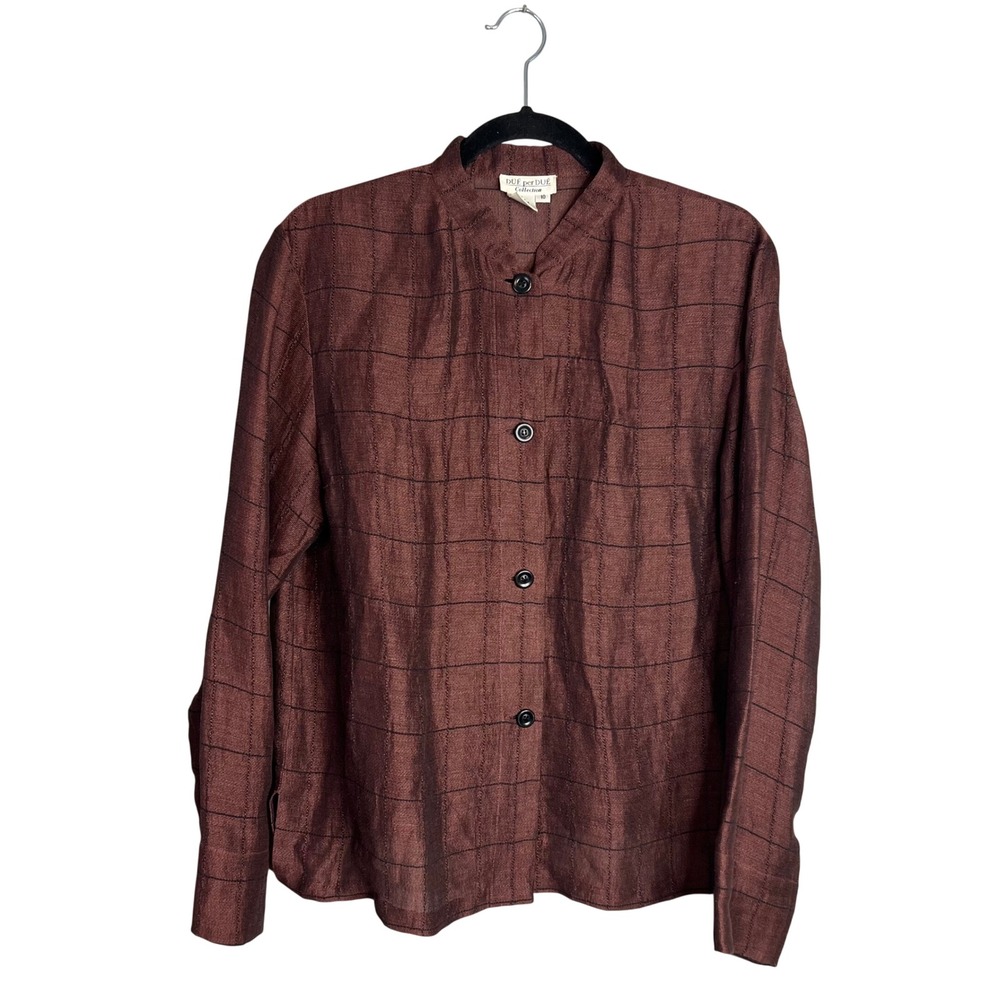 DUE per DUE Linen Blend Button Front Shirt Sz 10 Grid Mandarin Collar Earthy